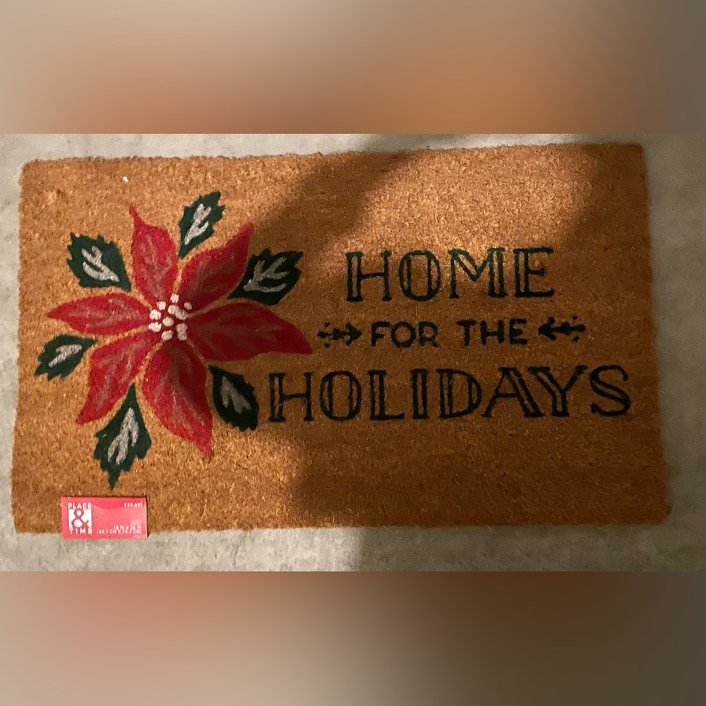 Holiday Welcome Mat with Red Poinsettia Design